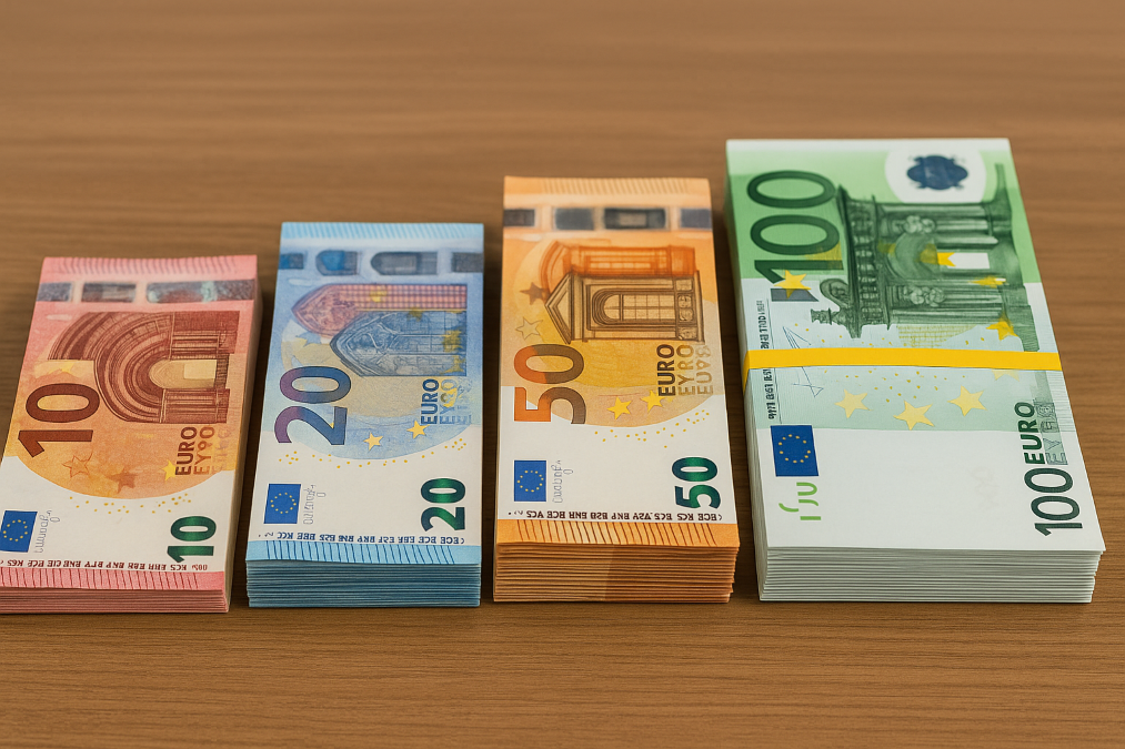 Combien de billets dans une liasse, piles de billets en euros de 10, 20, 50 et 100 avec ganses colorées illustrant les normes bancaires et montants standards
